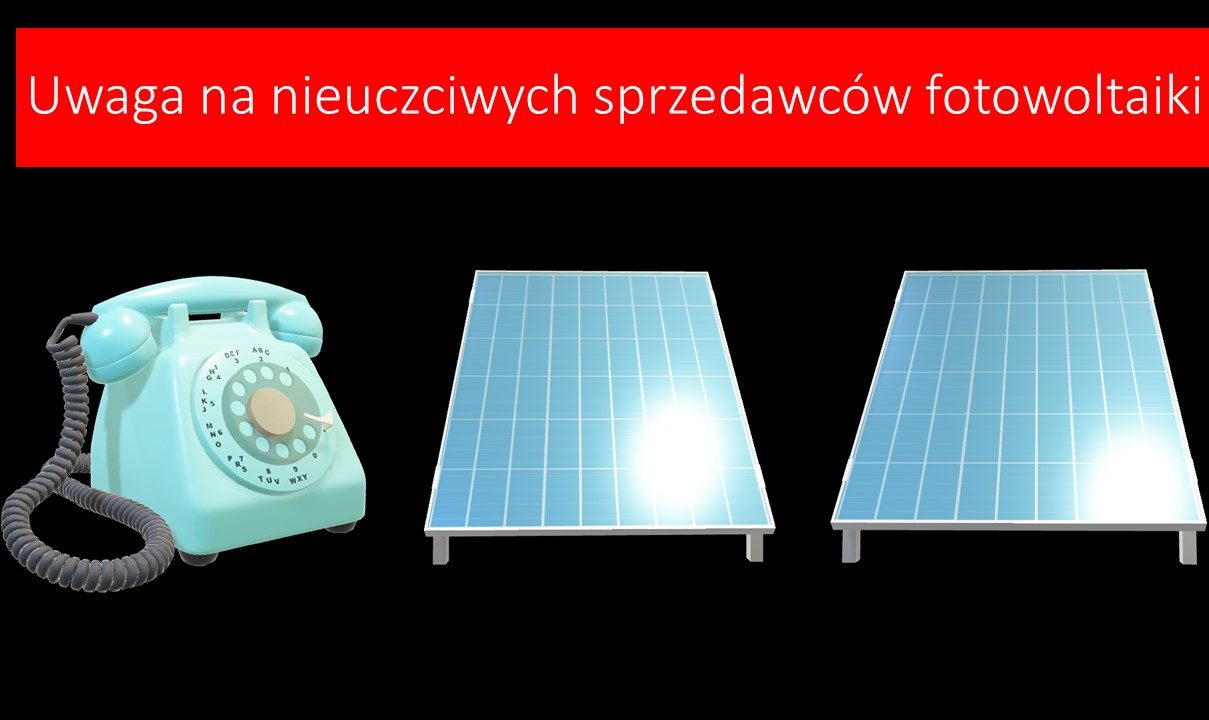 plakat, na którym znaduje się telefon oraz dwa panele fotowoltaiczne