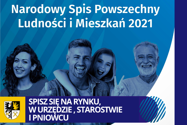 plakat NArodowy Spis Powszechny, na zdjeciu 4 osoby uśmiechnięte, dwóch mężczyzn kobieta i dziecko