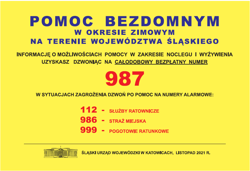 plakat z informacją o infolini darmowej nr 987, gdzie mozna uzyskań informacje o ewentulanej pomocy