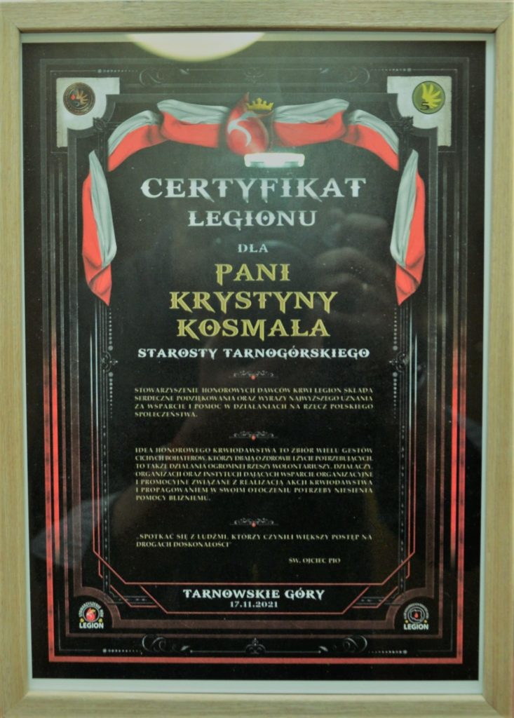 certyfikat legionu dla Starosty Krystyny Kosmali