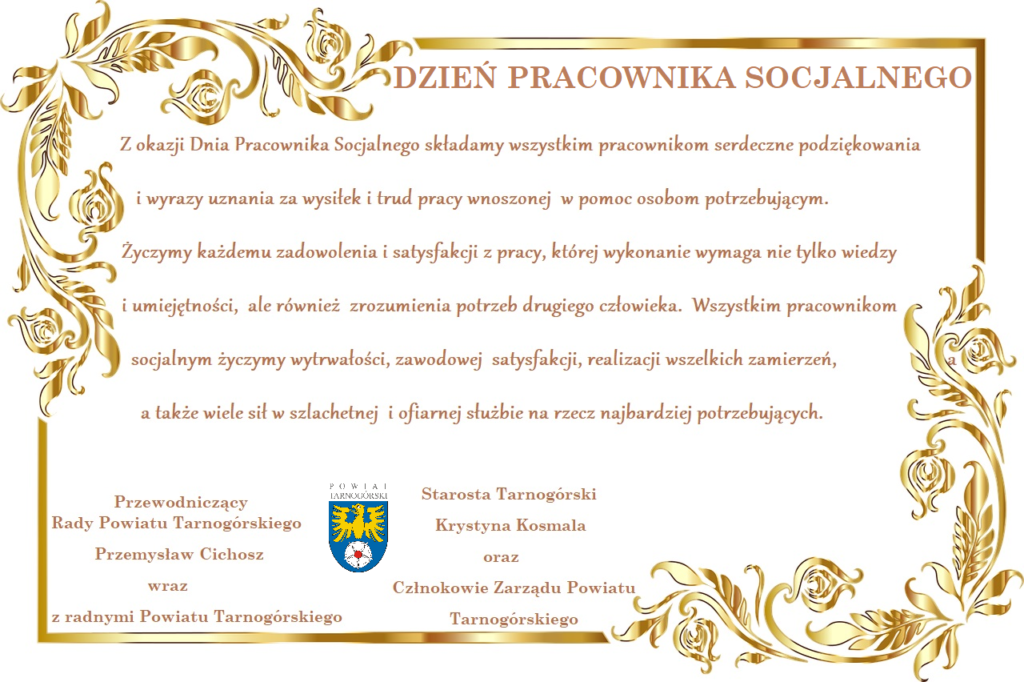 Kartka z zyczeniami dla pracowników socjlanych z życzeniami umiesczonymi w tekście informacji, karta ze złotymi zdobieniami