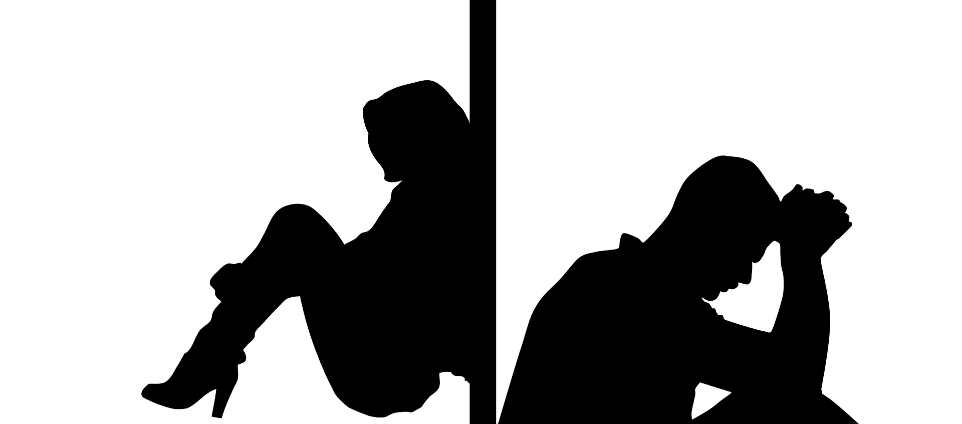 dwie postacie siedza tyłem do siebie przedstawiaja kobiete i meżczyzne