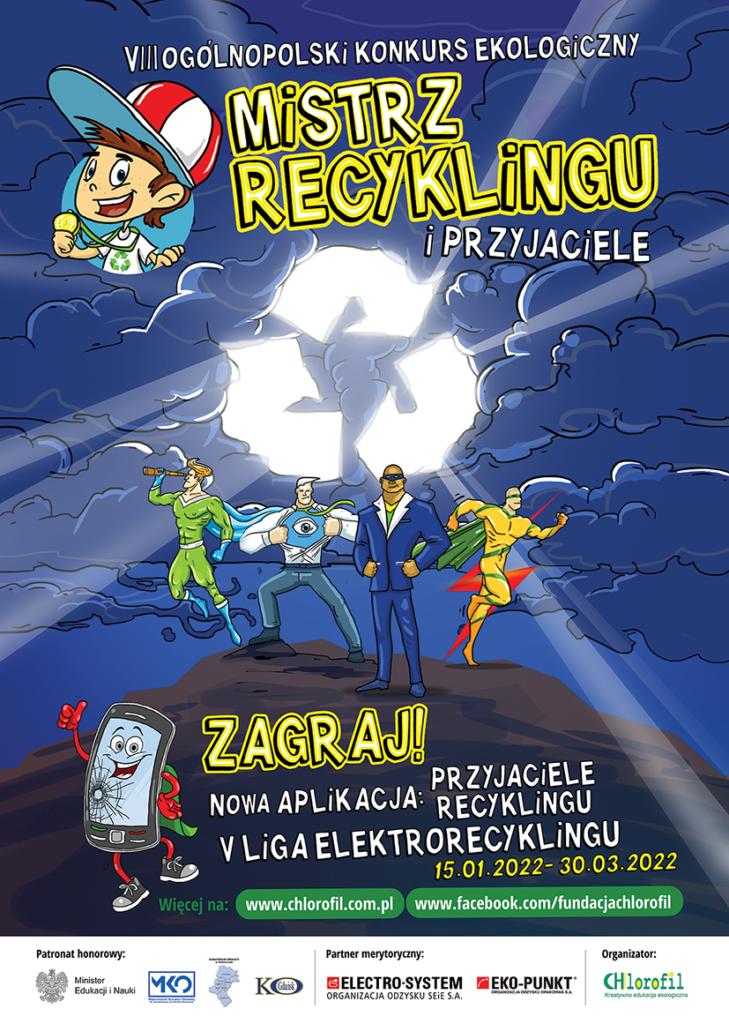 plakat zachecajacy do udziału w konkursie, na plakacie znajduja się postacie z kreskówek, napis mistrz recyklingu i przyjaciele, zagraj 