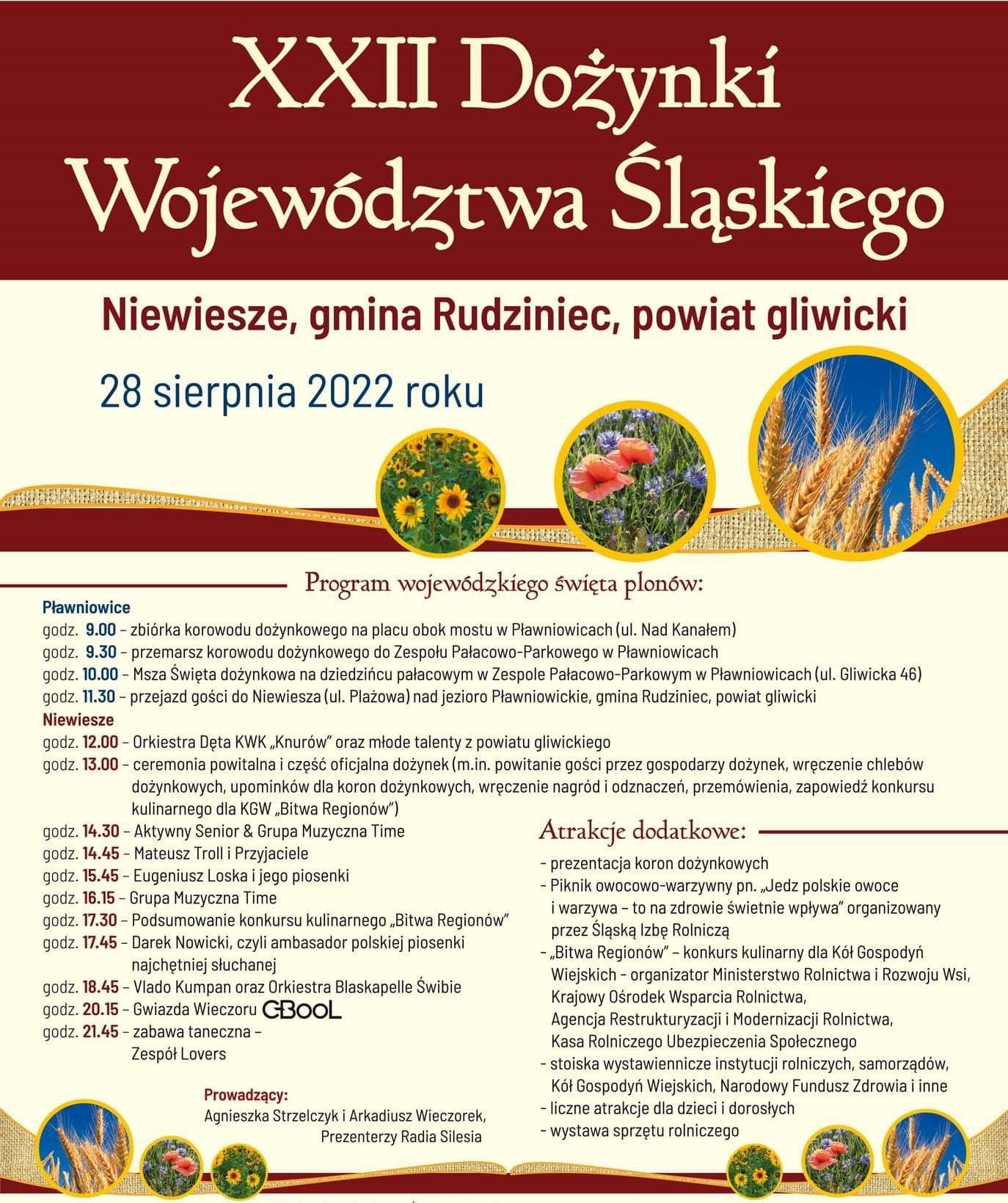 plakat zawierający informacje o XXII Dożynkach Województwa Śląskiego, program święta plonów.