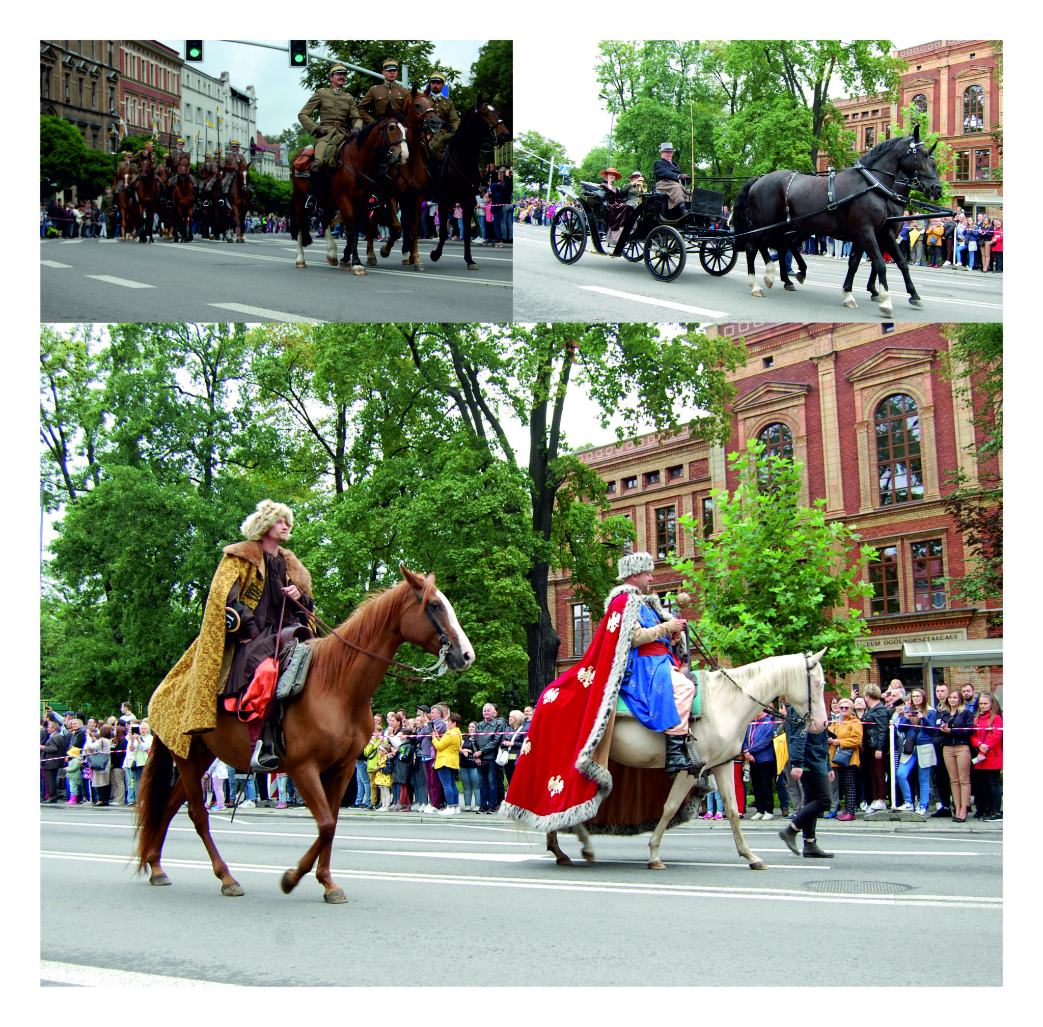 Kolaż zdjęć. Osoby w kostiumach historycznych siedzące na koniach oraz w bryczkach.
