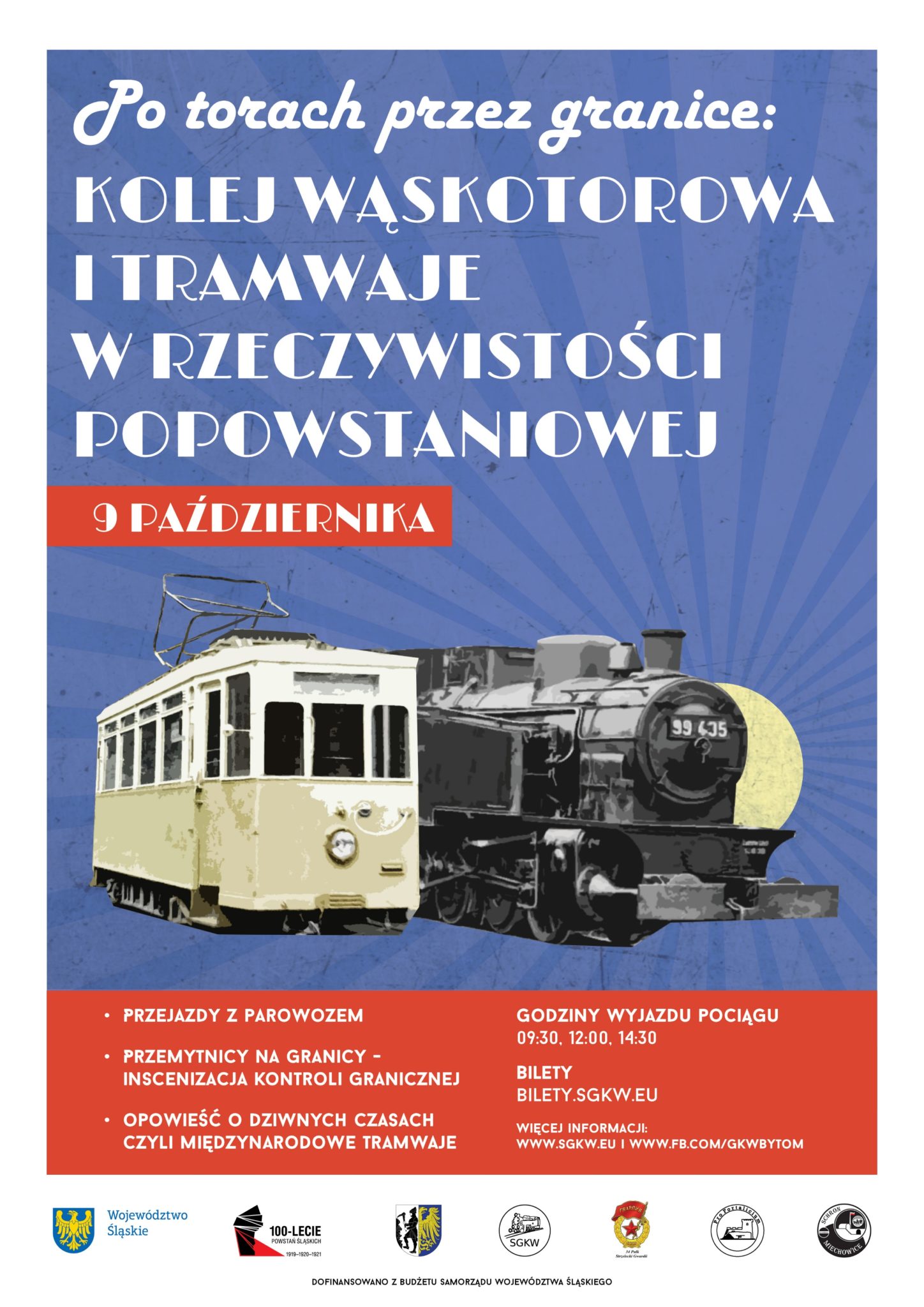 plakat z napisem kolej wąskotorowa i tramwaje w rzeczywistości popowstaniowej, poniżej napisu rysunek lokomotywy i tramwaju.