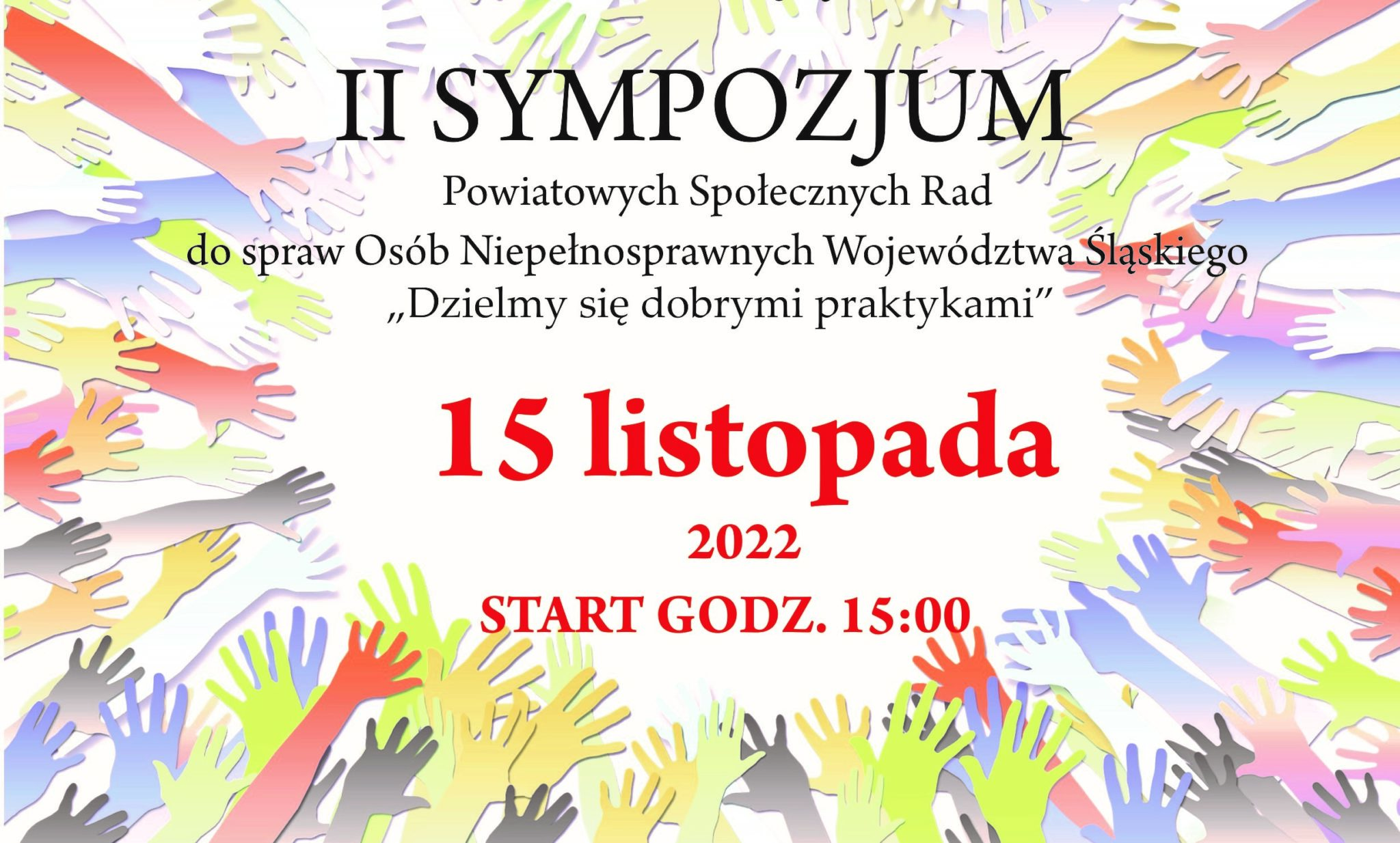 Sympozjum plakat przedstawiajacy dwie dłonie w uscisku oraz napisy Starostwo Powiatowe w Tarnowskich Górach