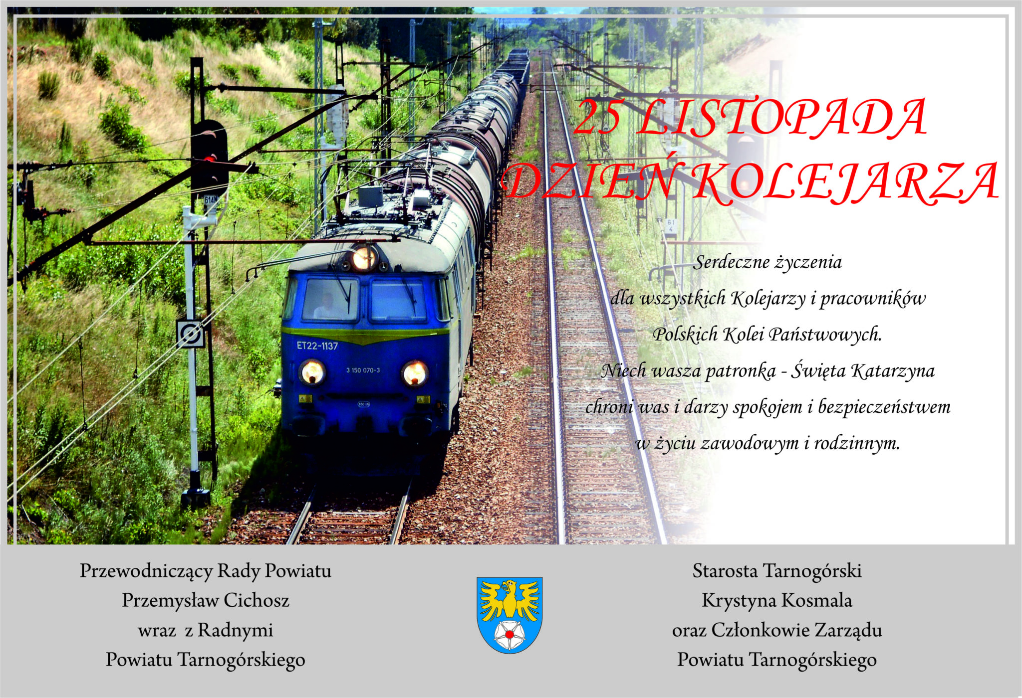 dzień kolejarza plakat. Po prawej stronie życzenia, po lewej stronie niebieski pociąg jadący po torach