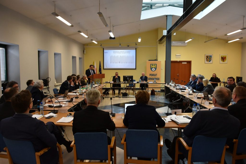 Radni siedzący przy stole podczas sesji. W tle duży obraz wyświetlony rzutnikiem.