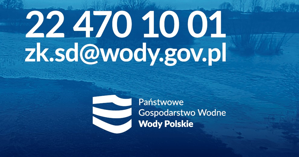 awatar Państwowe Gospodarstwo Wodne Wody Polskie w Warszawie, na niebieskim tle numer telefonu 22 470 10 01