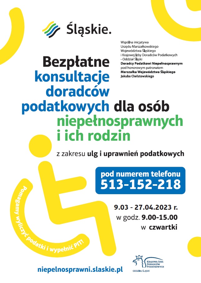 plakat, bezpłatne konsultacje doradców podatkowych dla osób niepełnosprawnych i ich rodzin, pod numerem telefonu 513152218