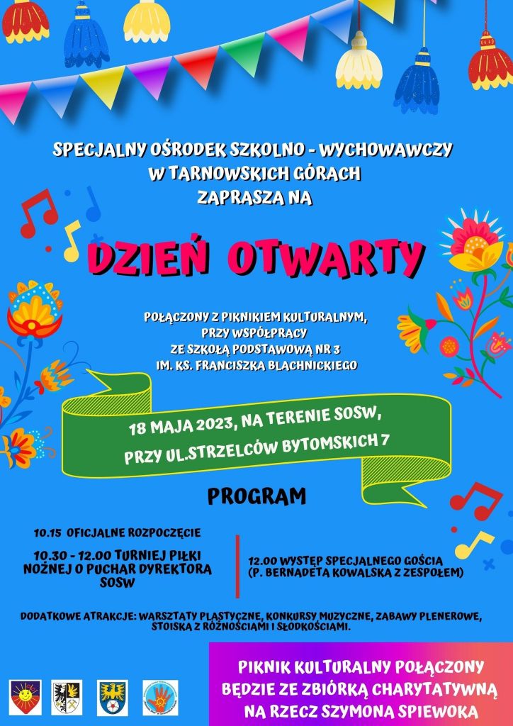 plakat, dzień otwarty w SOSW w Tarnowskich Górach, 18 maja 2023 r.