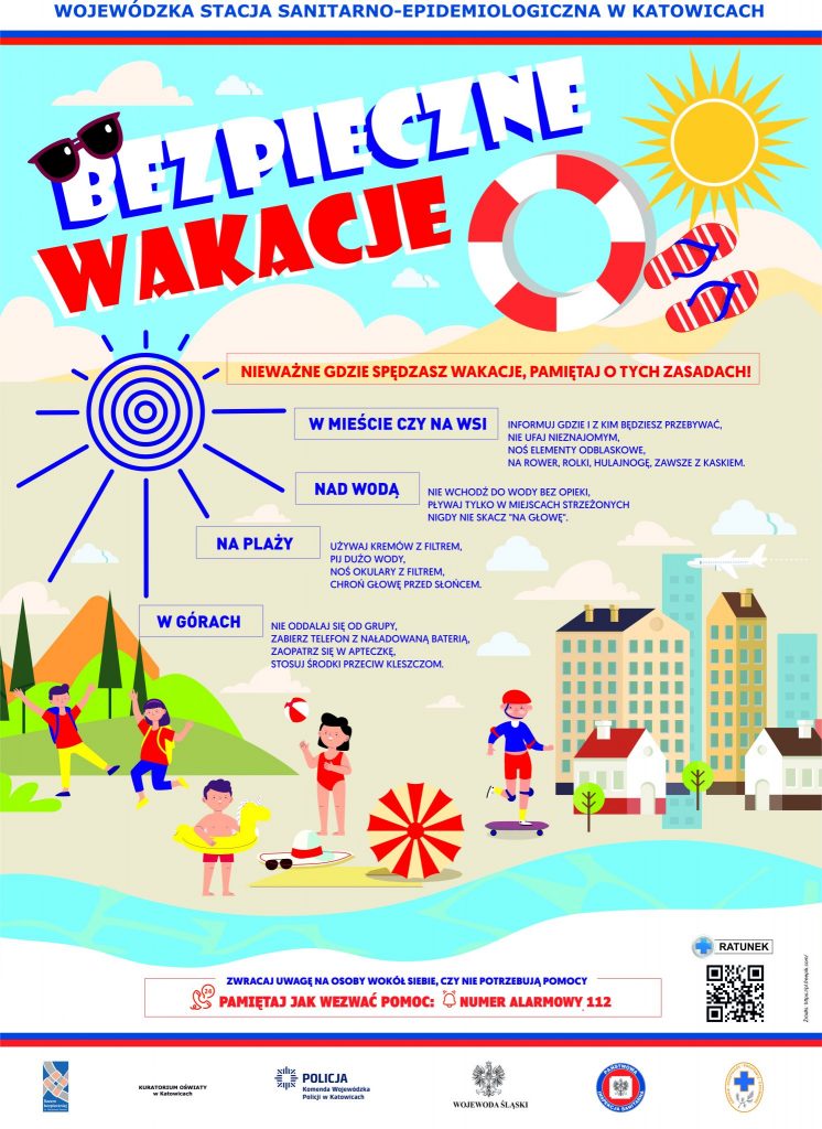 plakat bezpieczne wakacje. Grafika plaży, lasu, zabudowy miejskiej.