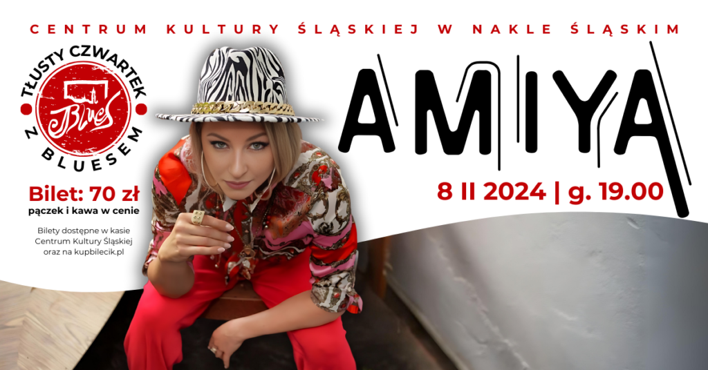 Plakat tłusty czwartek, Centrum Kultury śląskiej w Nakle Śląskim, Amiya 8 luty 2024. Po lewej stronie kobieta w czerwonym kombinezonie i kapeluszu.