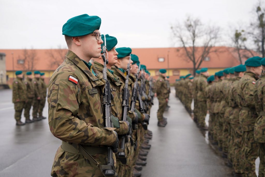 Grupa żołnierzy stojących w kilku rzędach.