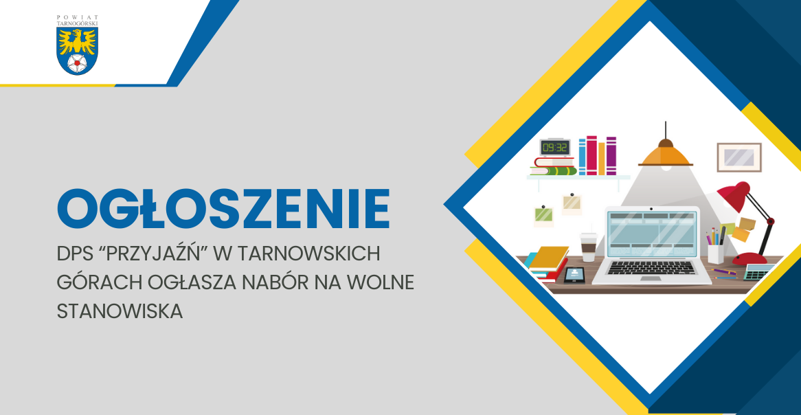 Grafika, napis po lewej, szare tło, po prawej grafika biura, książki, zegar, laptop, lampy, kubek z kawą.