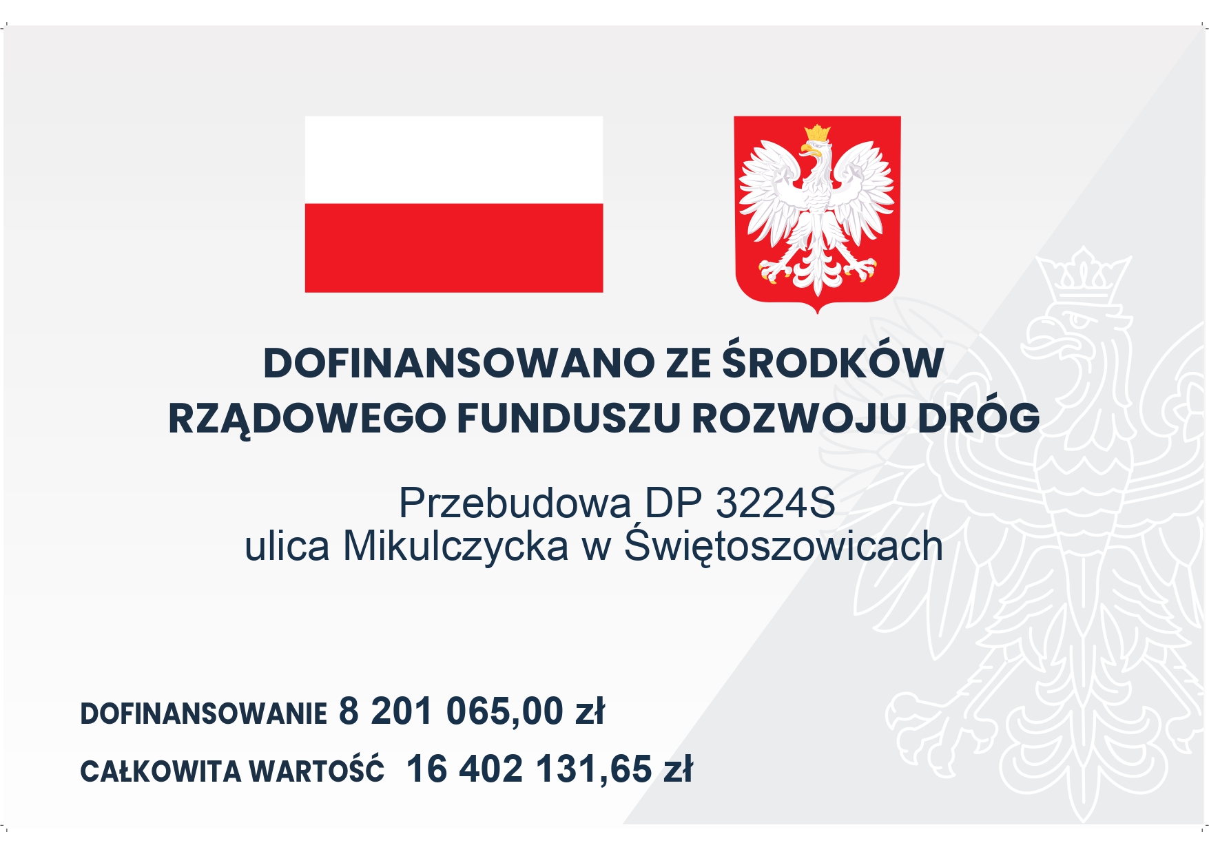 ikona na biały tle napis Dofinansowano ze środków rządowego funduszu inwestycji lokalnych, w tle flahga Polski i godło