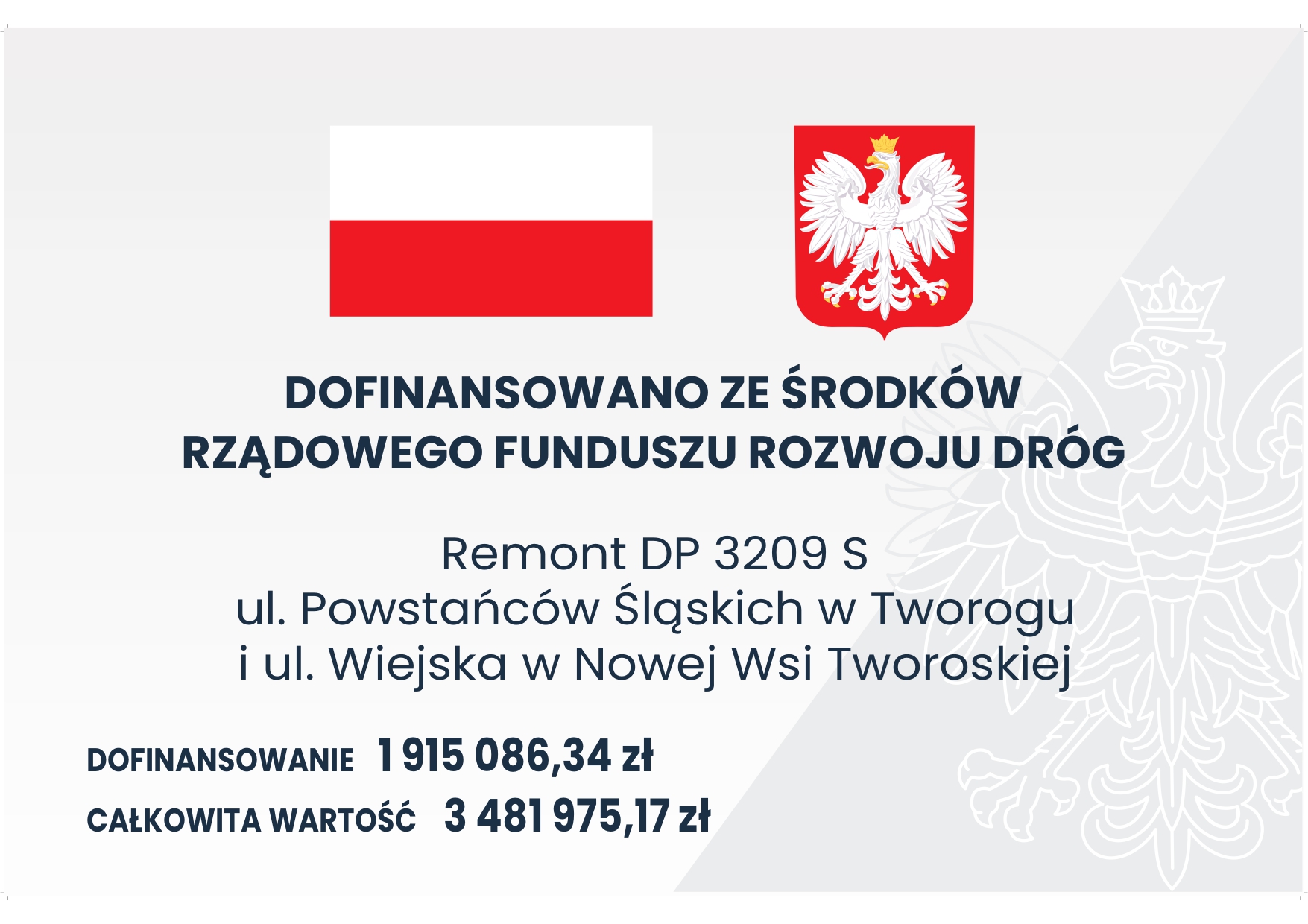 ikona na biały tle napis Dofinansowano ze środków rządowego funduszu inwestycji lokalnych, w tle flahga Polski i godło